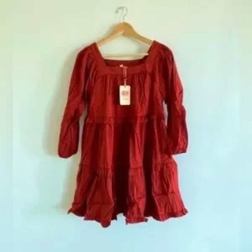 ENTRO Lava Red Boho Tiered Mini Dress 3/4 Sleeve - Picture 3 of 14